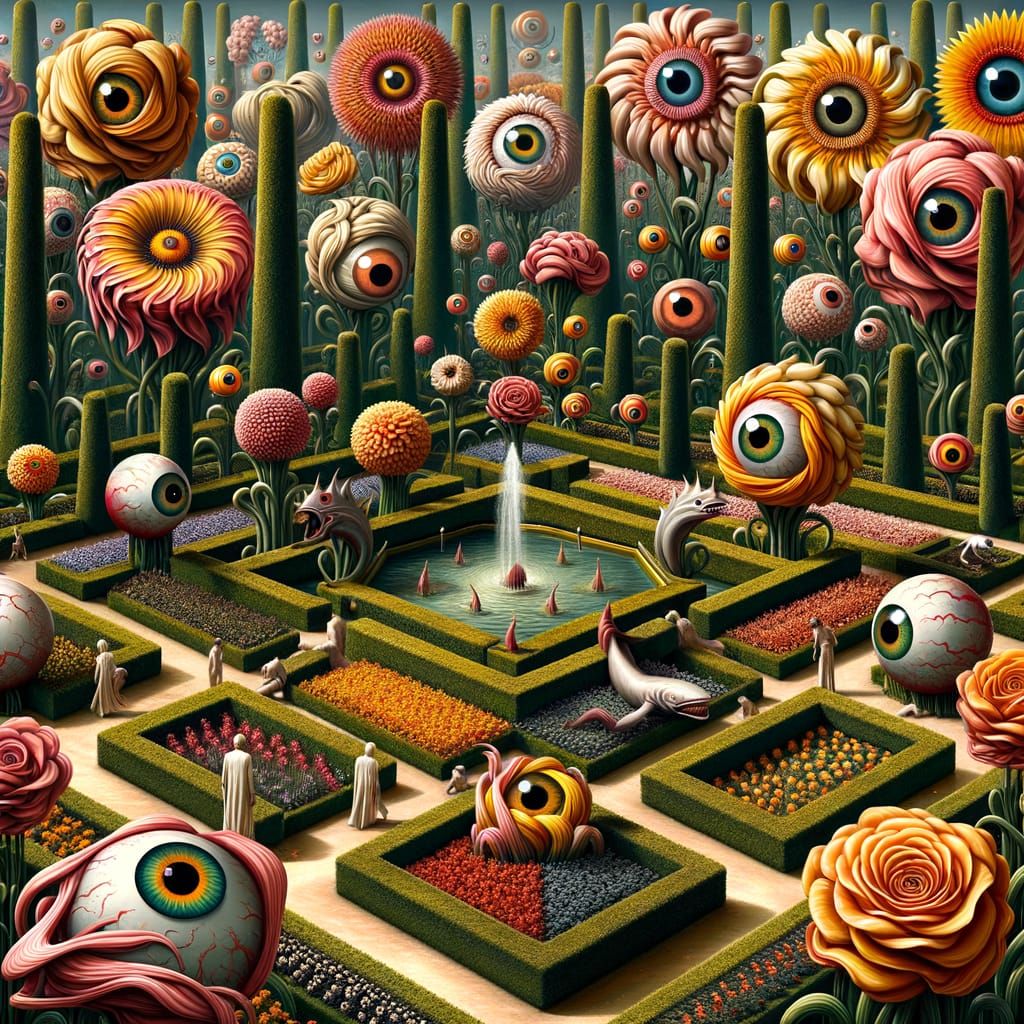 Surreal Garden of Skull Flowers and Eyeball Hedges