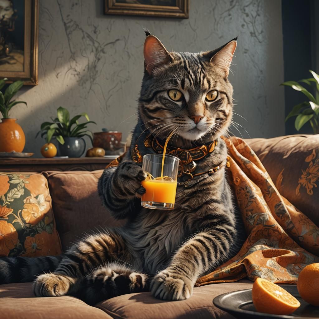 Cat with Sigma Jawline Enjoys Orange Juice