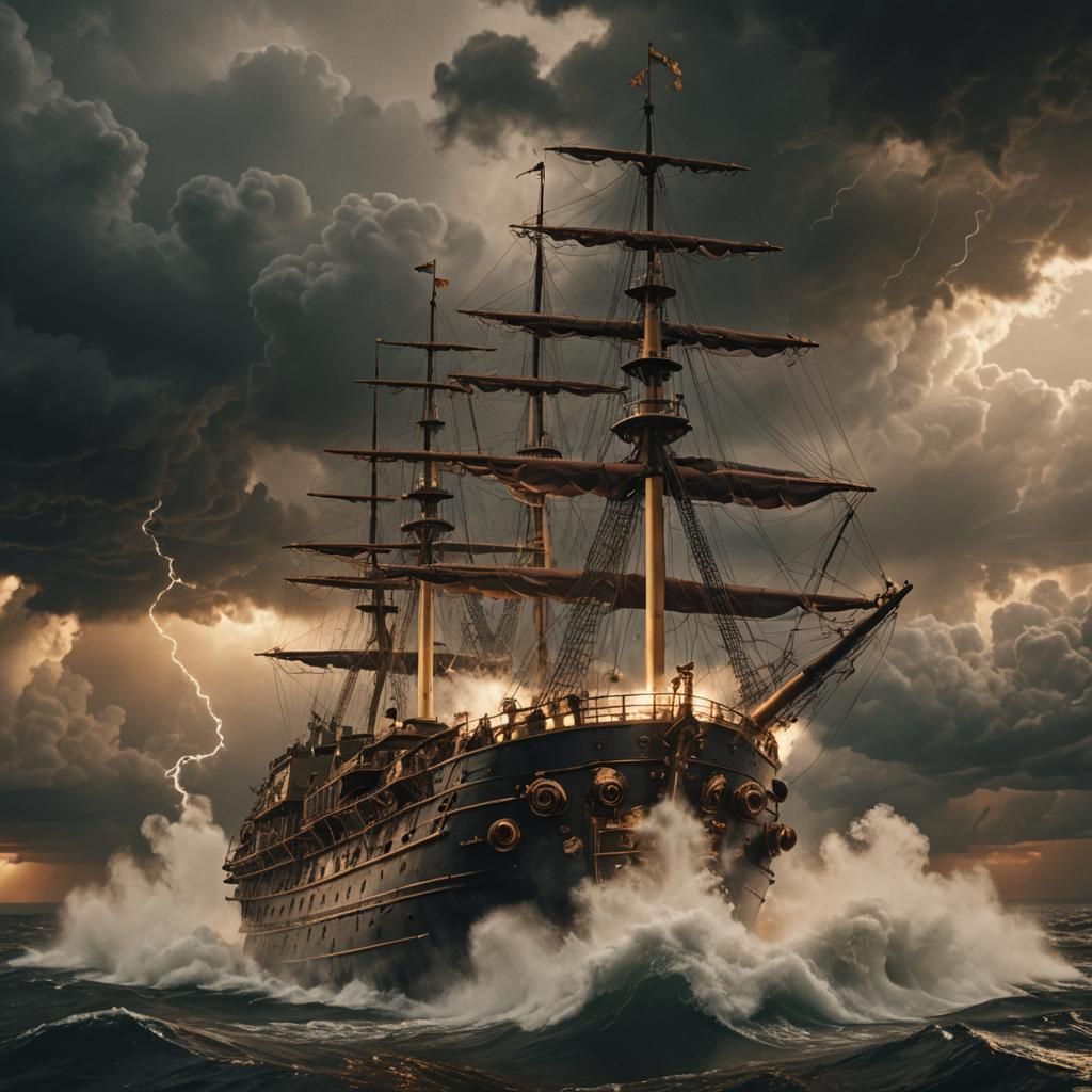 Steampunk Ship Navigates Waterspouts in Golden Light