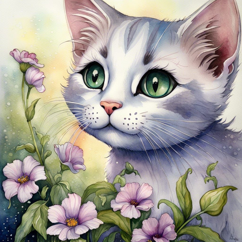 Cute Cat Smelling Flowers in Watercolor Style