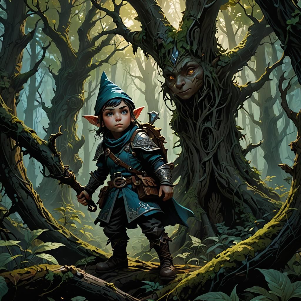 Gnome Ranger in Dark Fantasy Forest