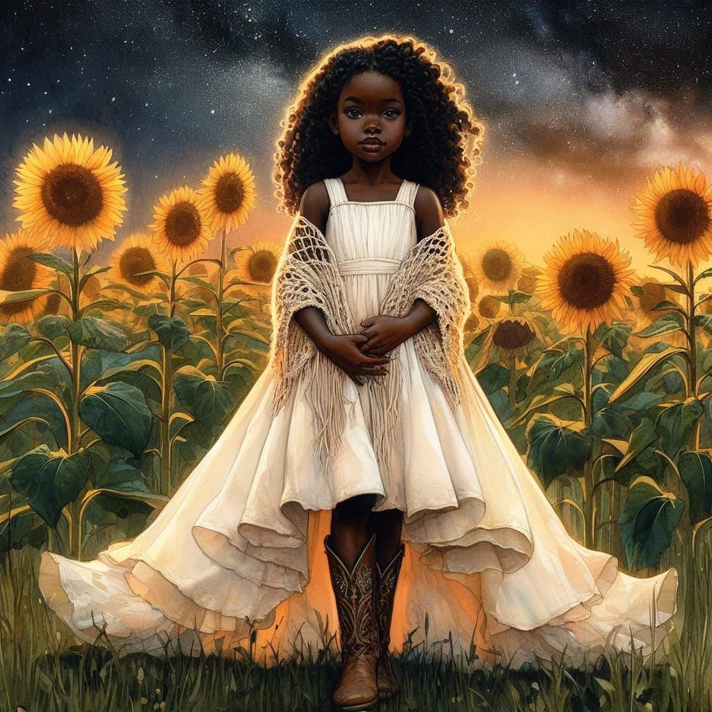 Watercolor Portrait in Sunflower Field Under Starry Sky