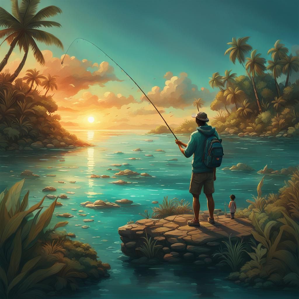 Hyperrealistic Fisherman on a Tiny Island at Dusk