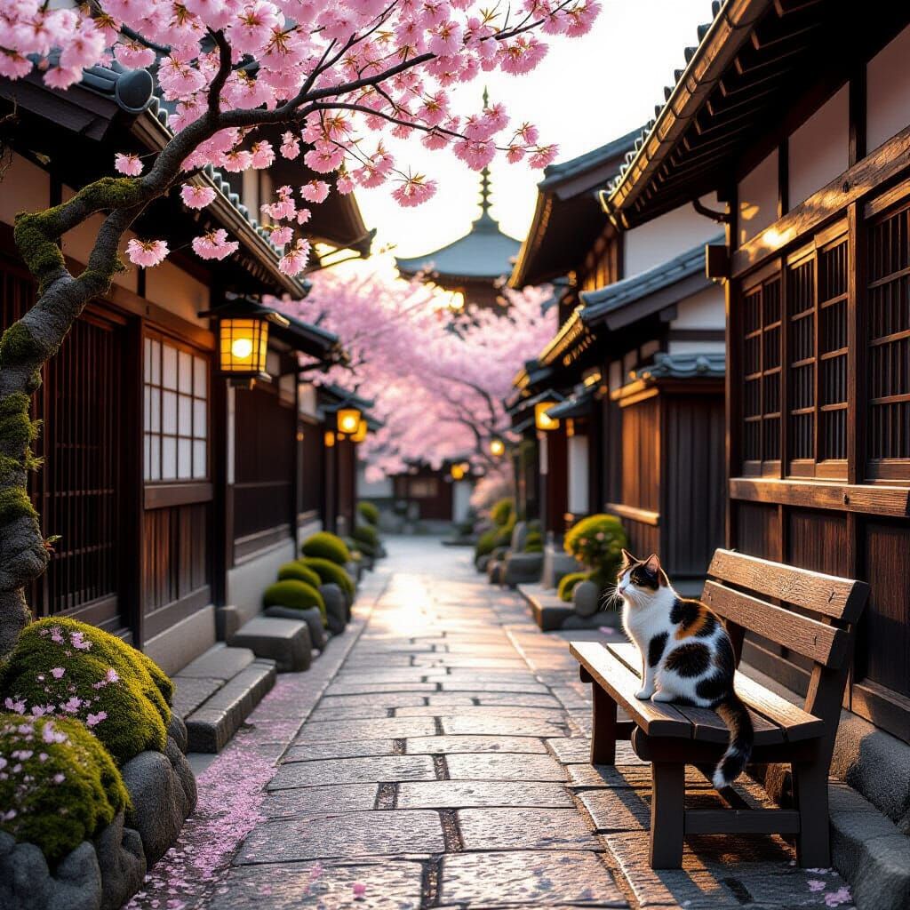 Serene Kyoto Alleyway at Golden Hour with Cat