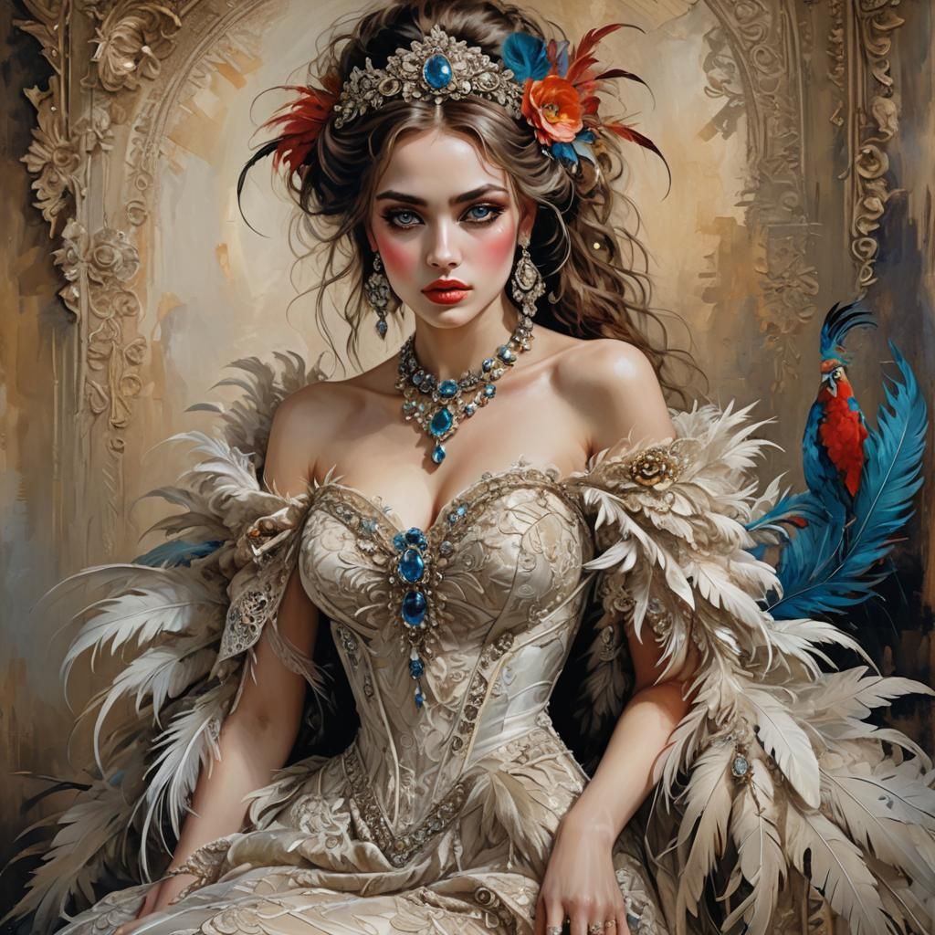 Sensual Beauty in Decadent Gown: A Masterpiece Painting