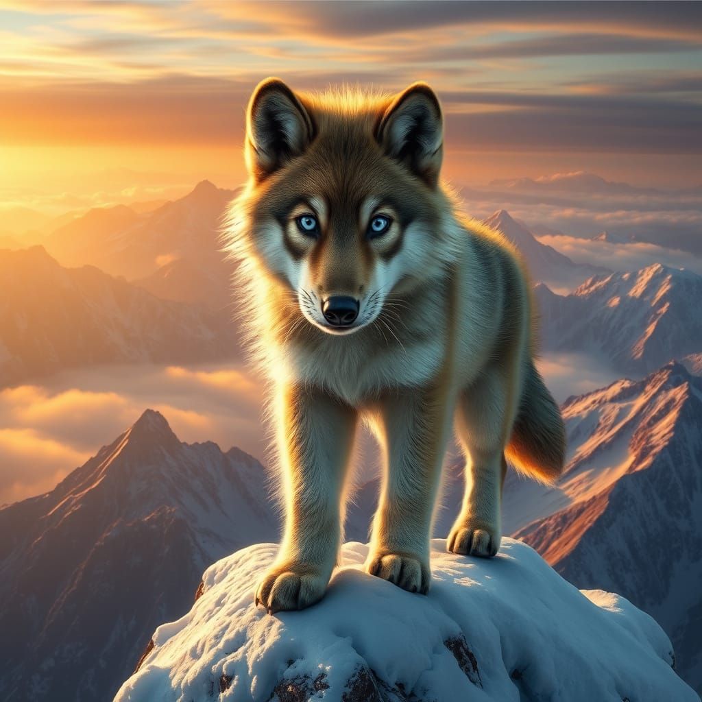 Majestic Wolf Pup in Hyperrealistic Sunrise Landscape