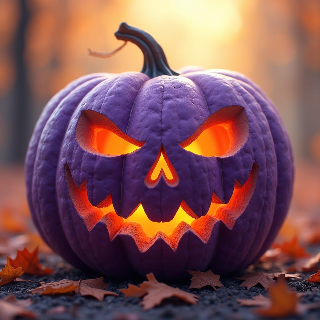 Intricately Carved Purple Pumpkin in Autumn Watercolor Light