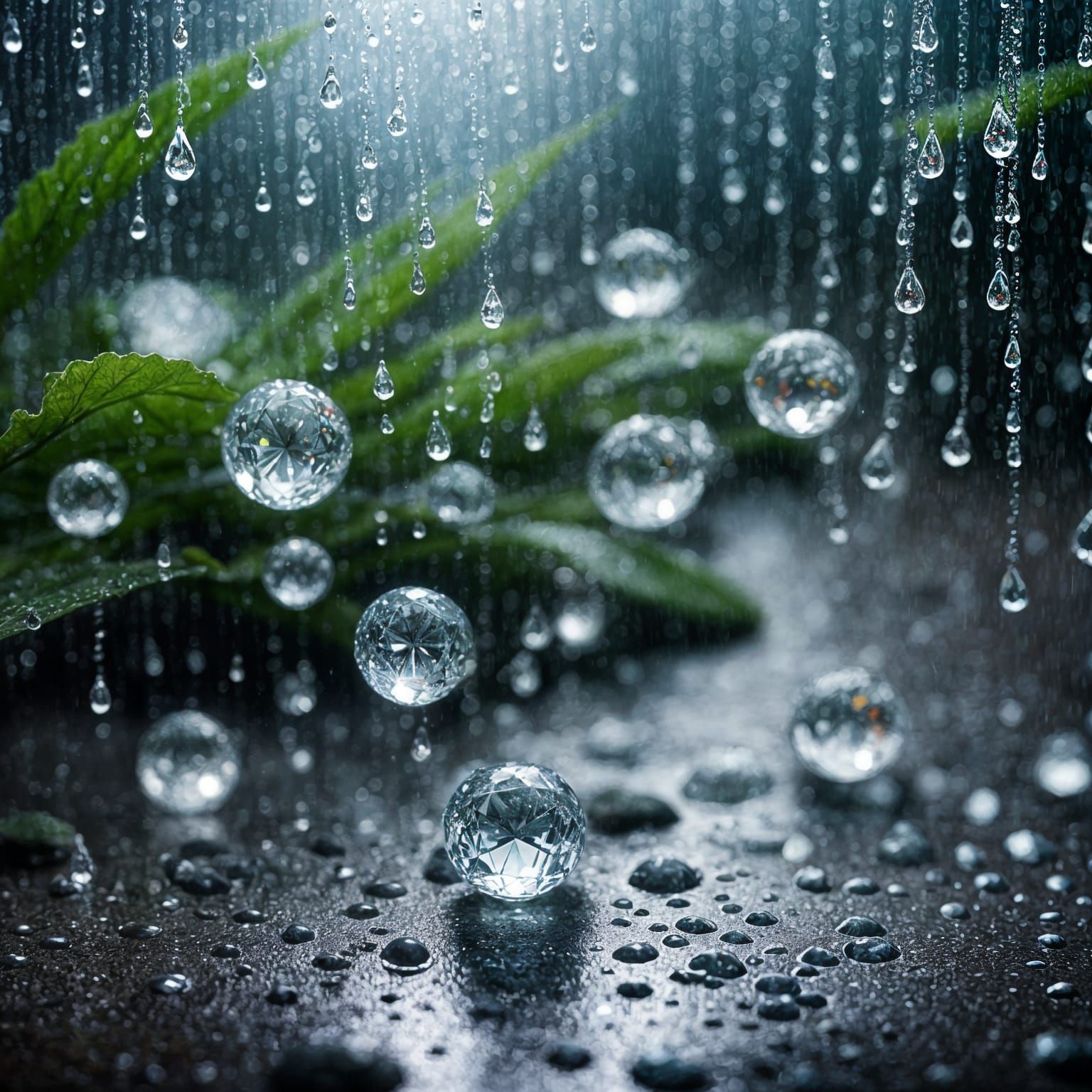 Dramatic Raindrops Shine on Crystals in Epic Cinematic Scene