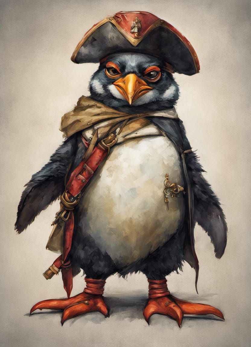 Penguin Pirate Captain Illustration in Gritty Concept Art
