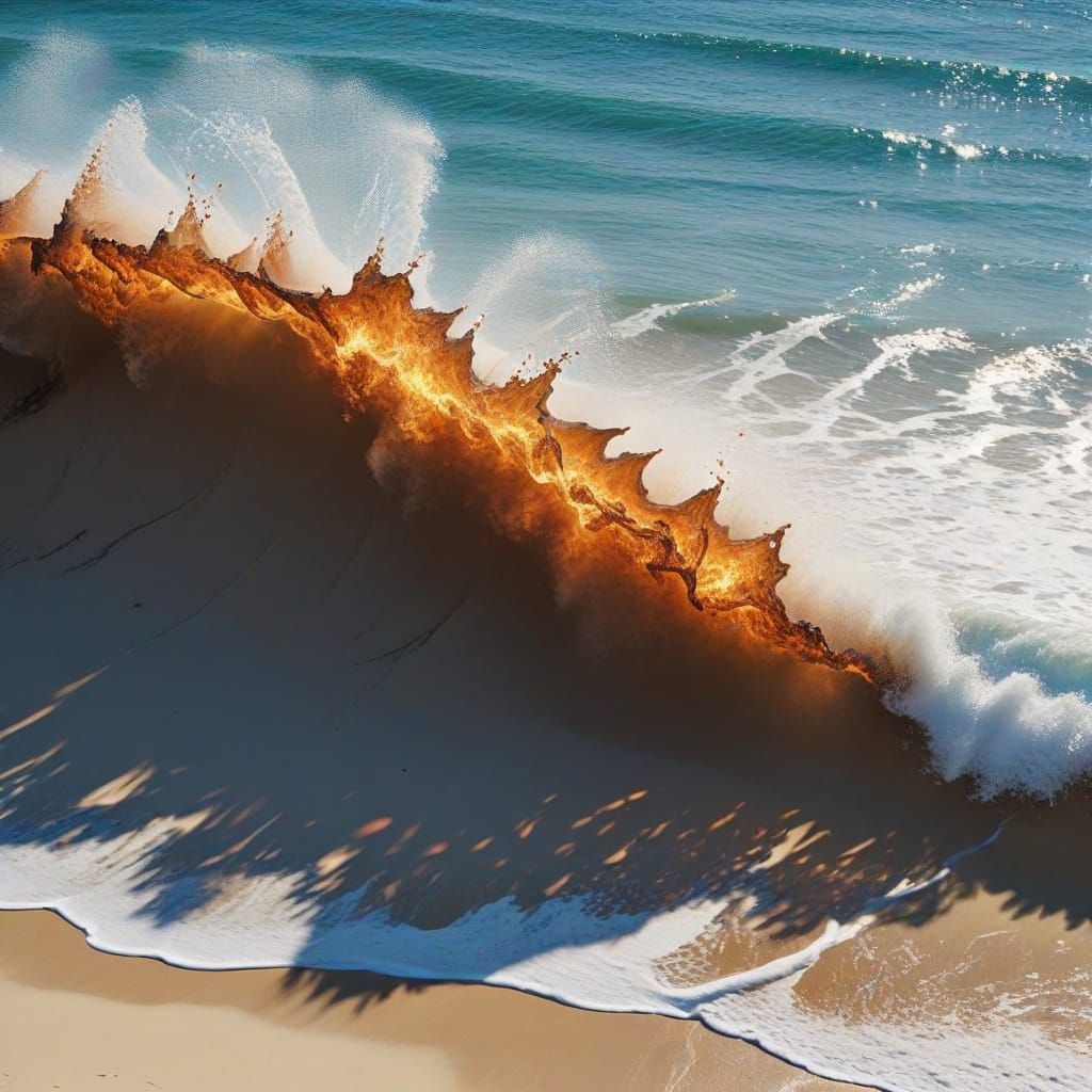 Fiery Beach Waves: Explosive Coastal Scene