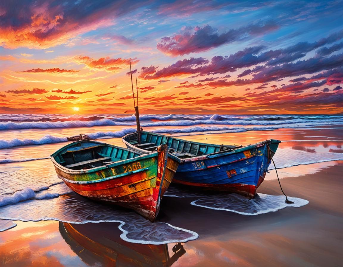 Colorful Beach Sunset with Fishing Boats as Impasto Painting