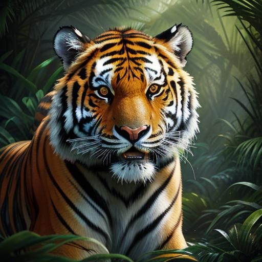 Hyperrealistic Tiger and Cub in Jungle Splash Art