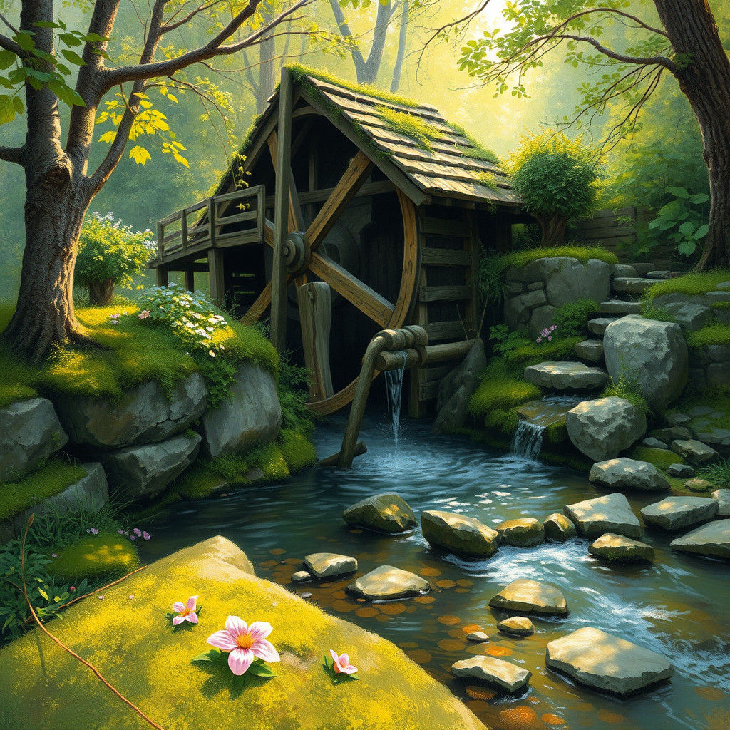 Impressionistic Waterwheel in a Lush Landscape