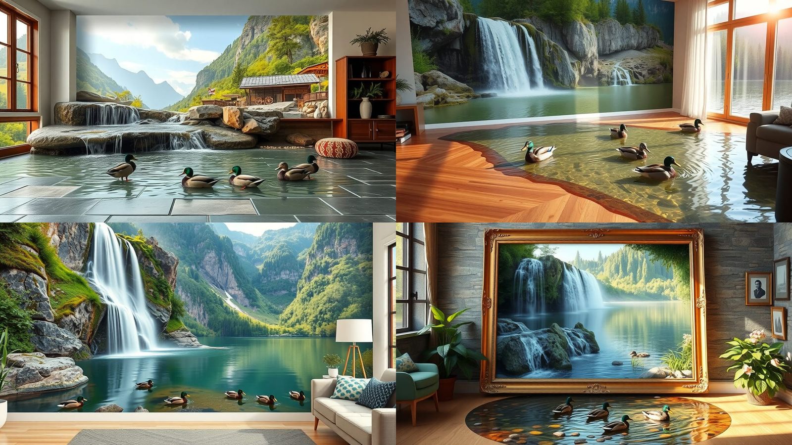 Surreal Waterfall Painting Merging into Living Room