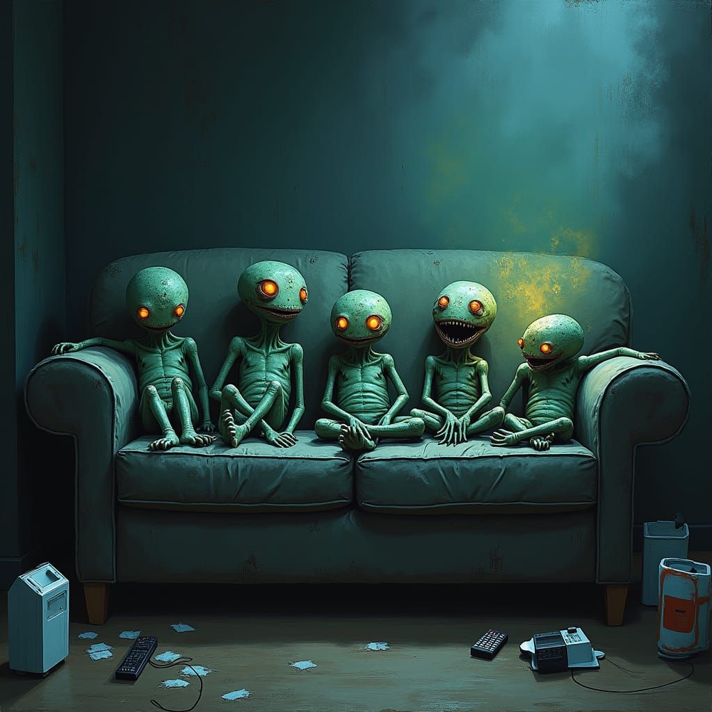 Grotesque Anxiety Monsters Lounge in a Dark Illustration