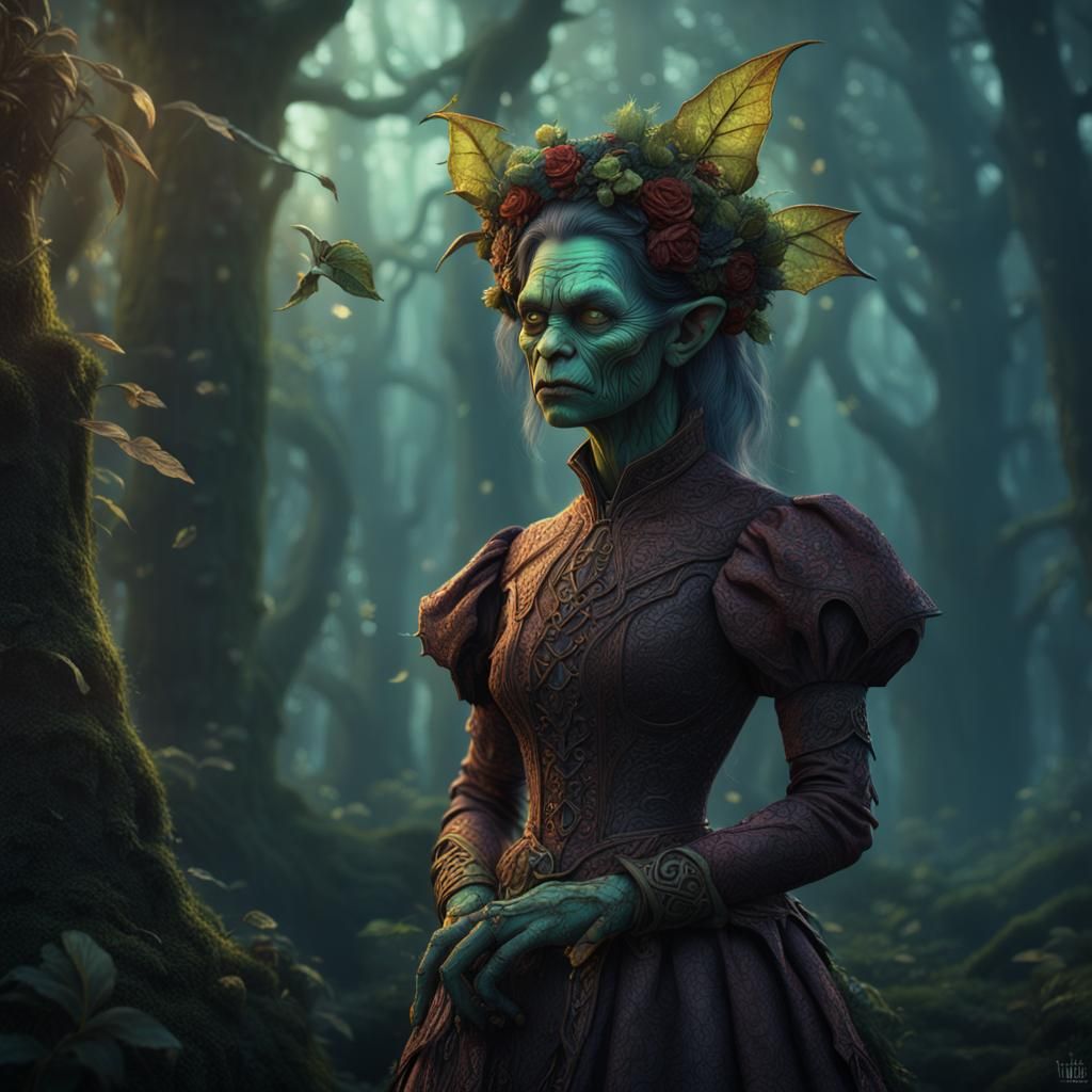 Delicate Goblin in Forest, Dark Fairytale Illustration