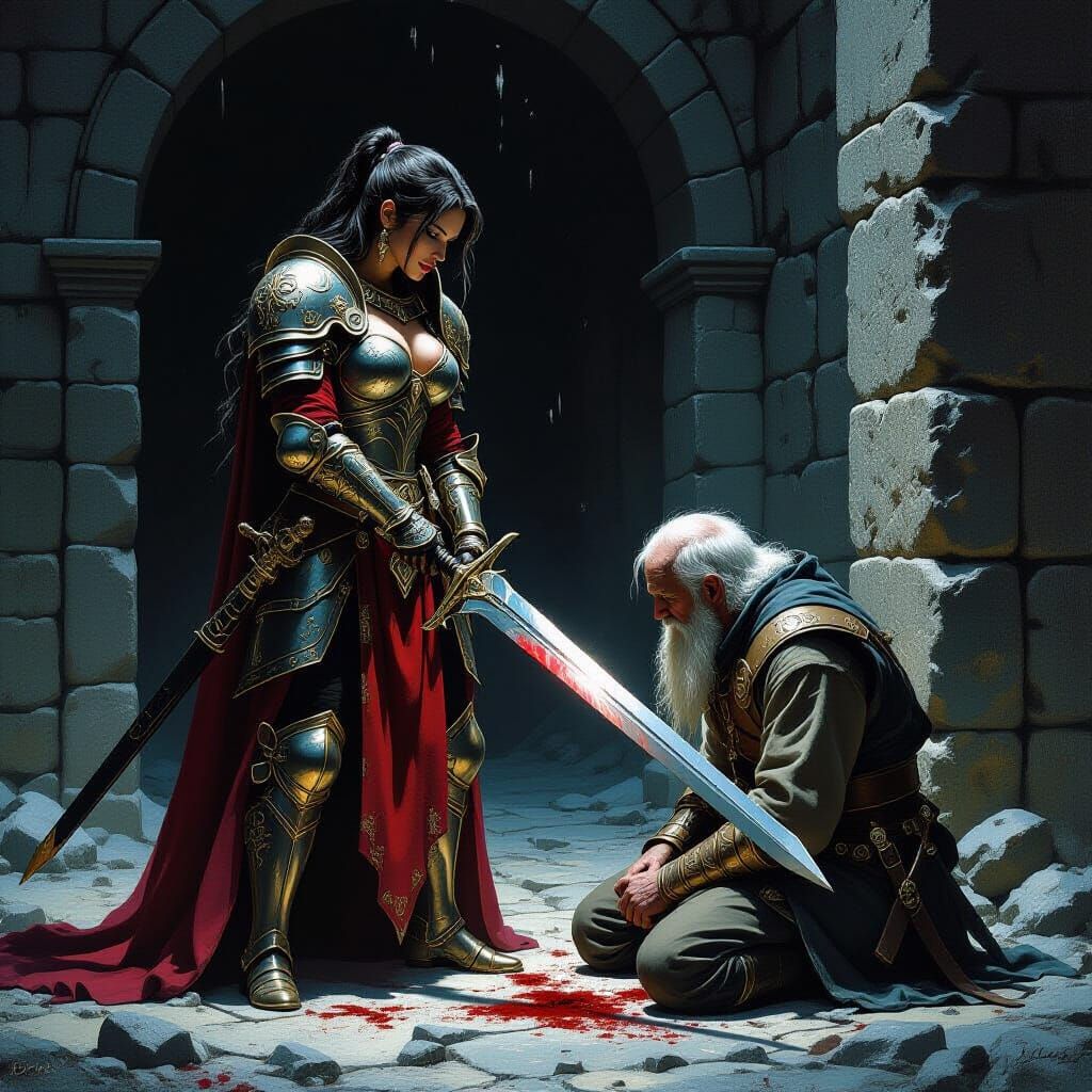 Armored Woman's Merciful Strike in Dark Dungeon