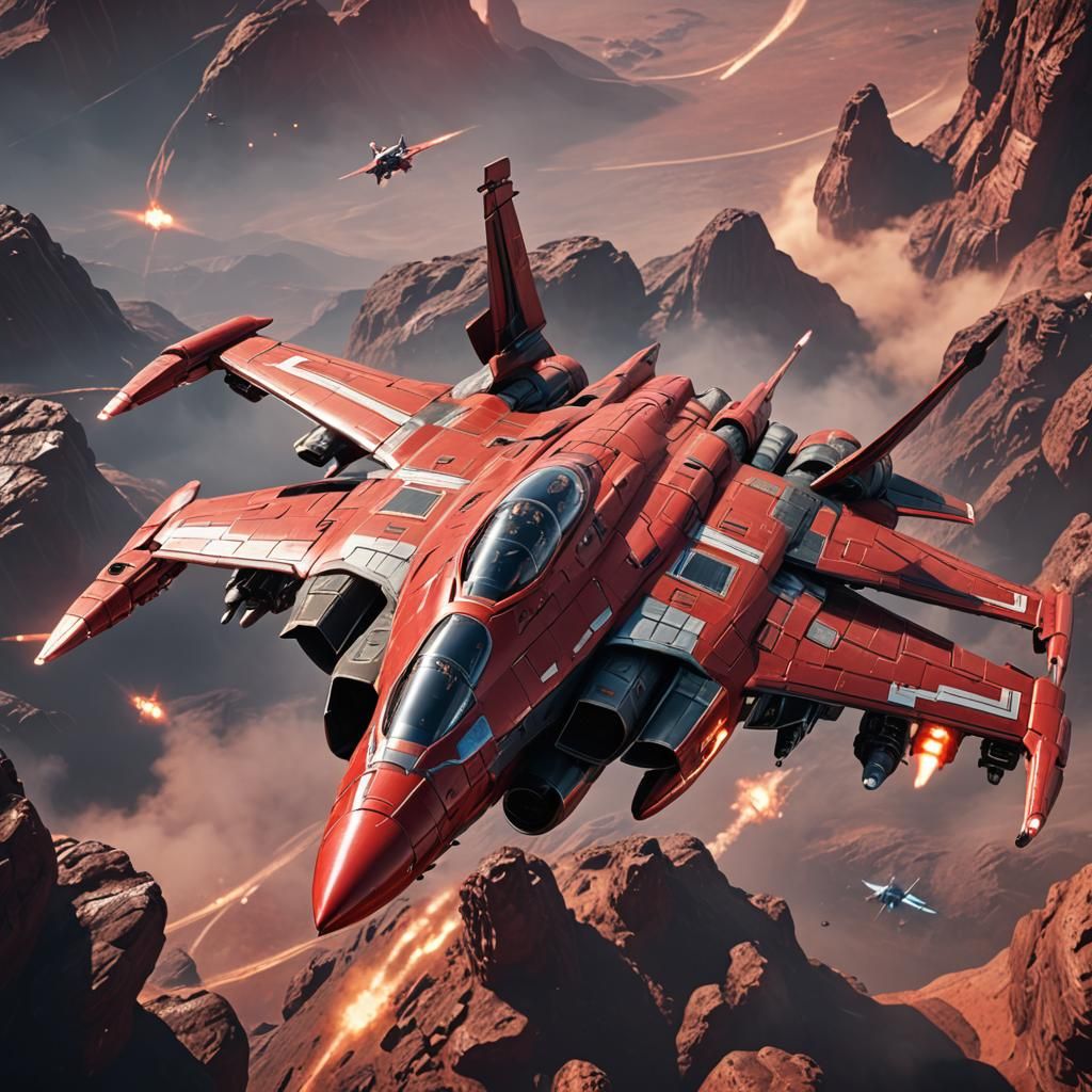Red Spaceship Fighter Jet in 3D Cinematic Style