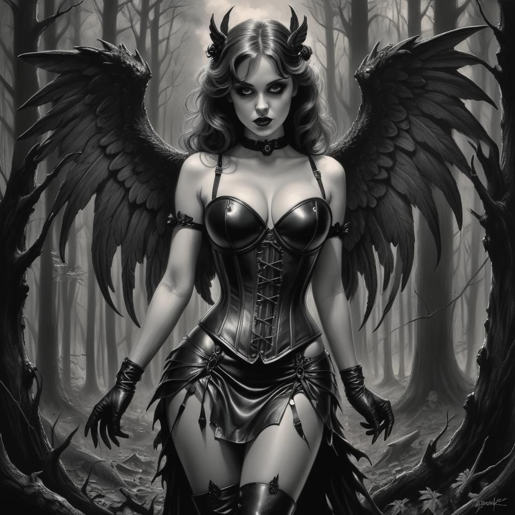 Demonic Pinup with Black Angelic Wings