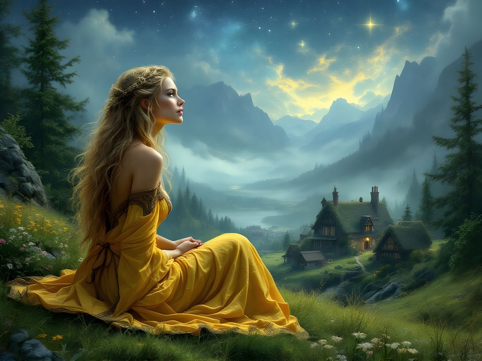 Misty Nordic Goddess Under Starry Skies