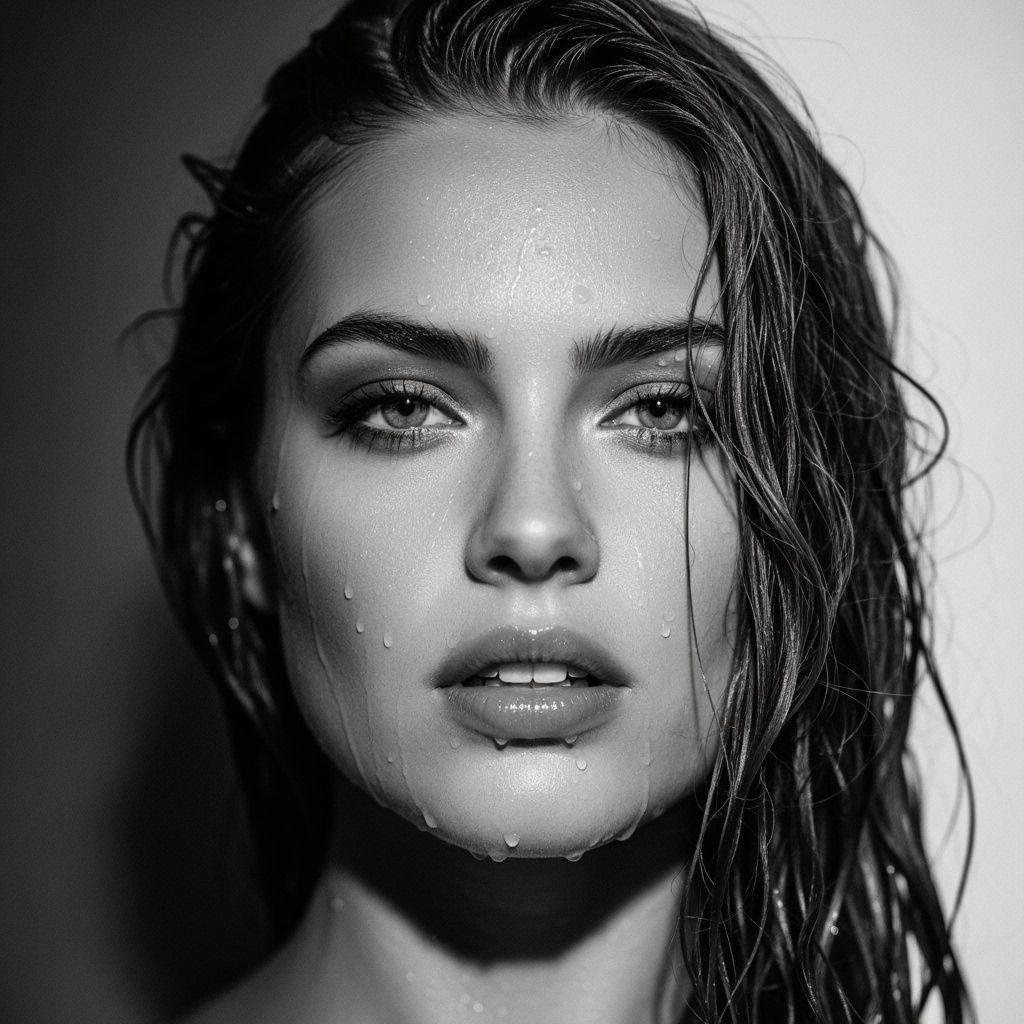 Sensual Black and White Portrait with Water Droplets