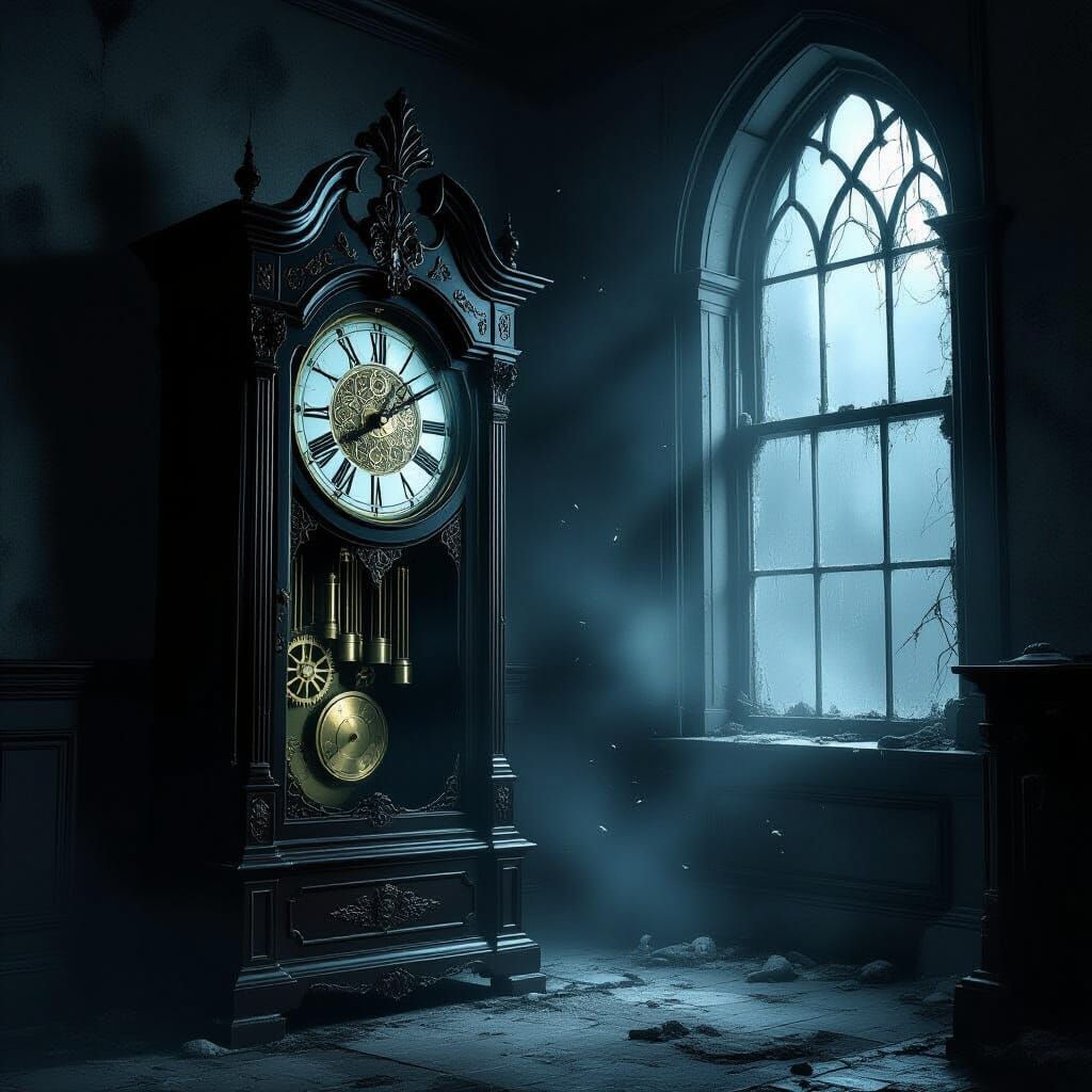 Ancient Grandfather Clock in Foggy Victorian Mansion