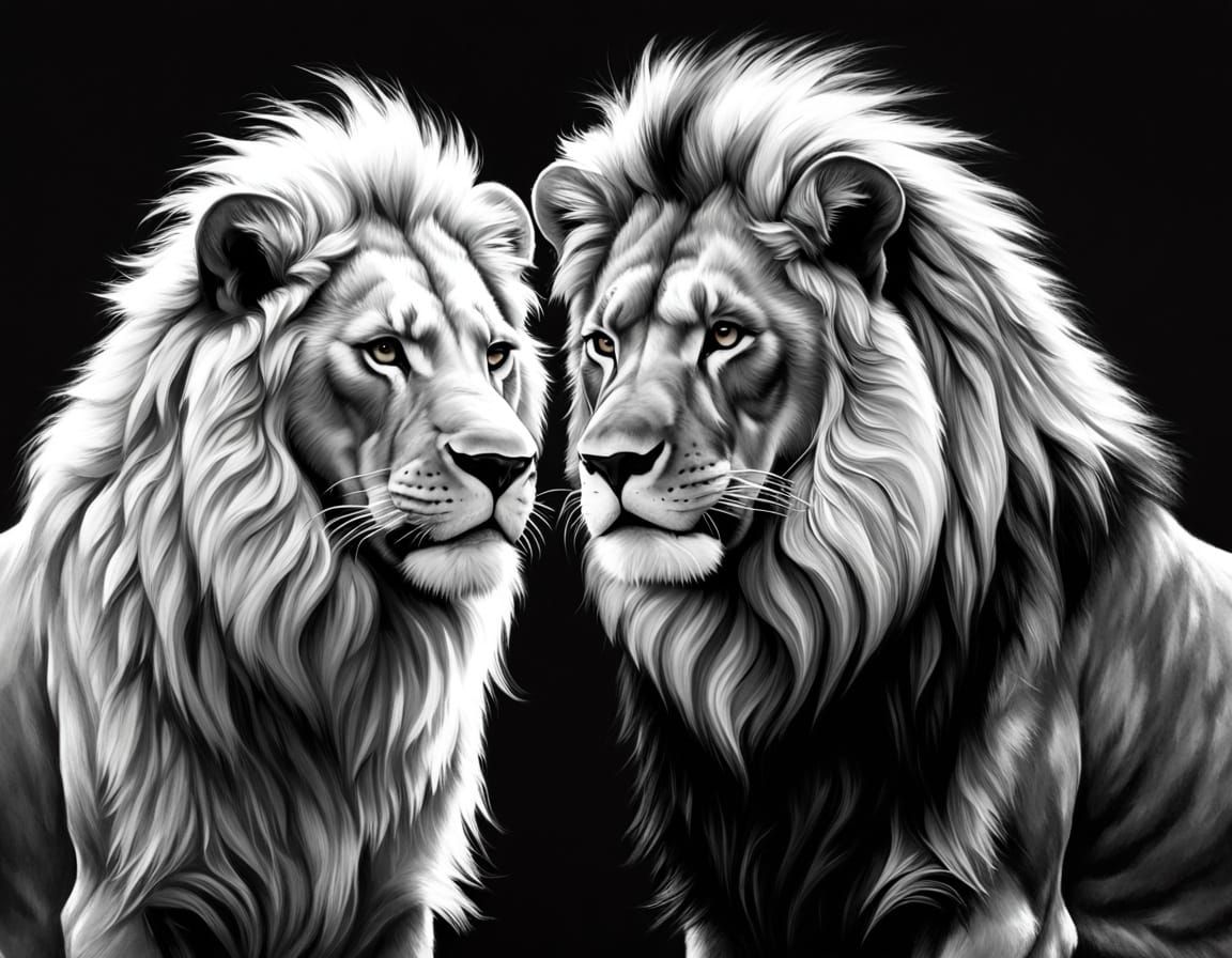 Monochromatic Lions Facing Off with Dramatic Lighting