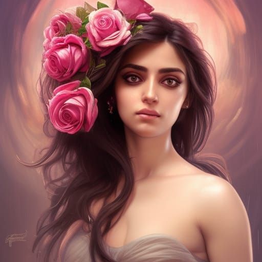 Persian Girl Portrait with Roses, Detailed Digital Art