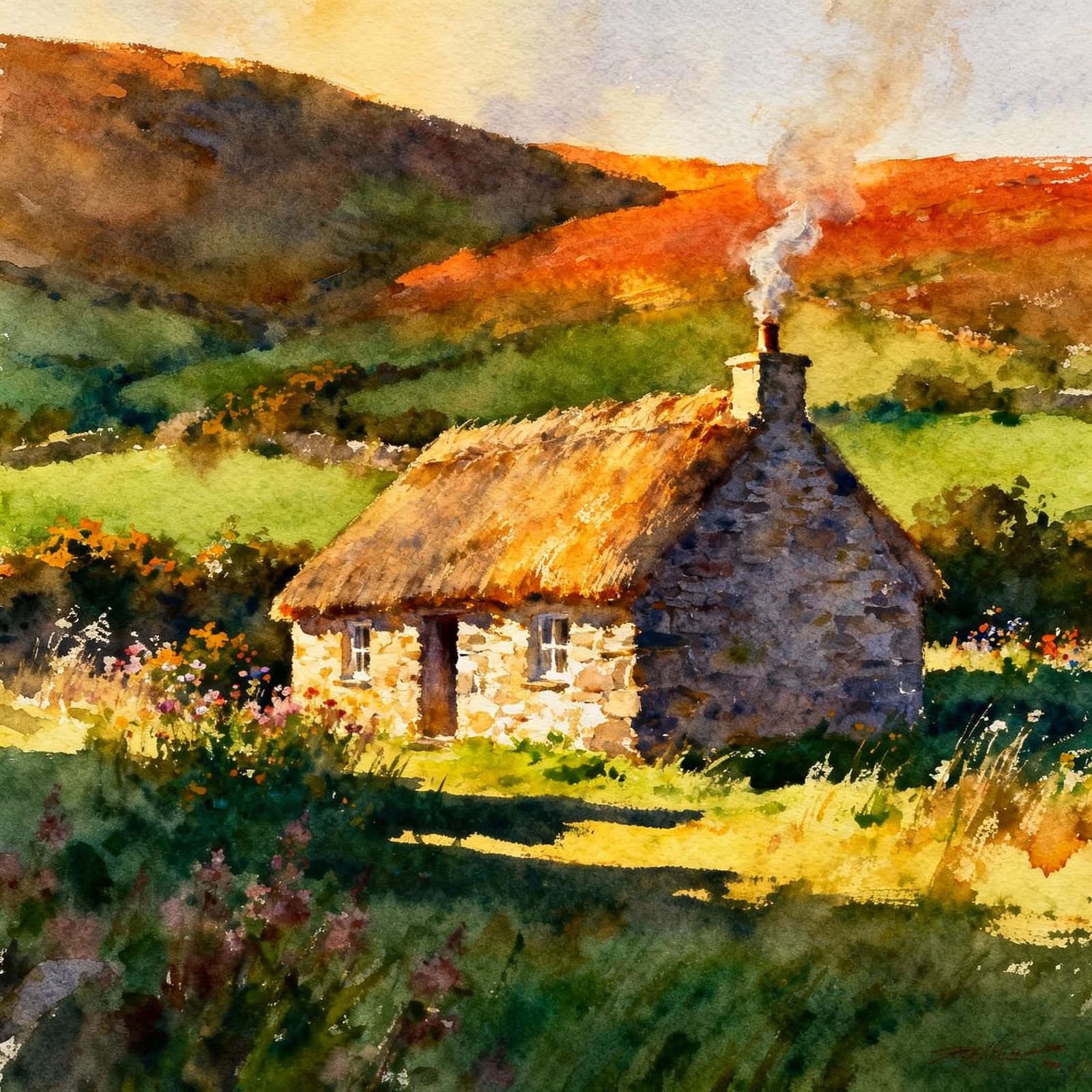 Vibrant Watercolor Irish Cottage in Golden Hour Light