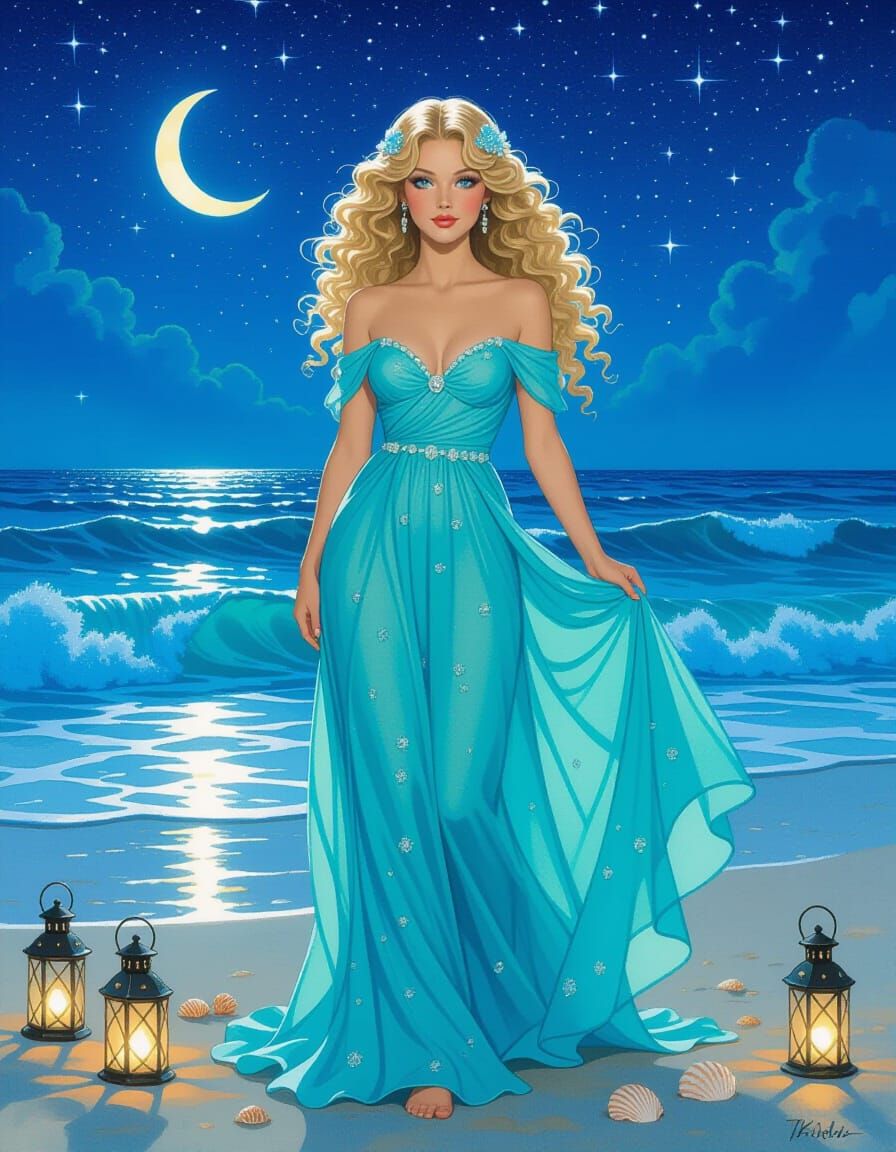 Seashell Gown: Alphonse Mucha-Inspired Beach Portrait