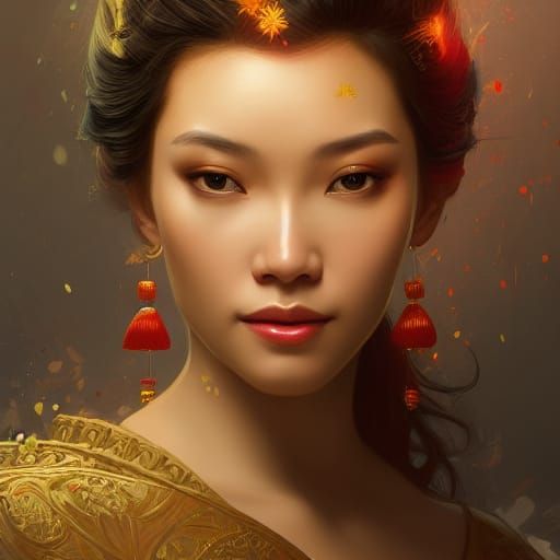 Beautiful Vietnamese Woman Royalty Portrait in Art Nouveau S...