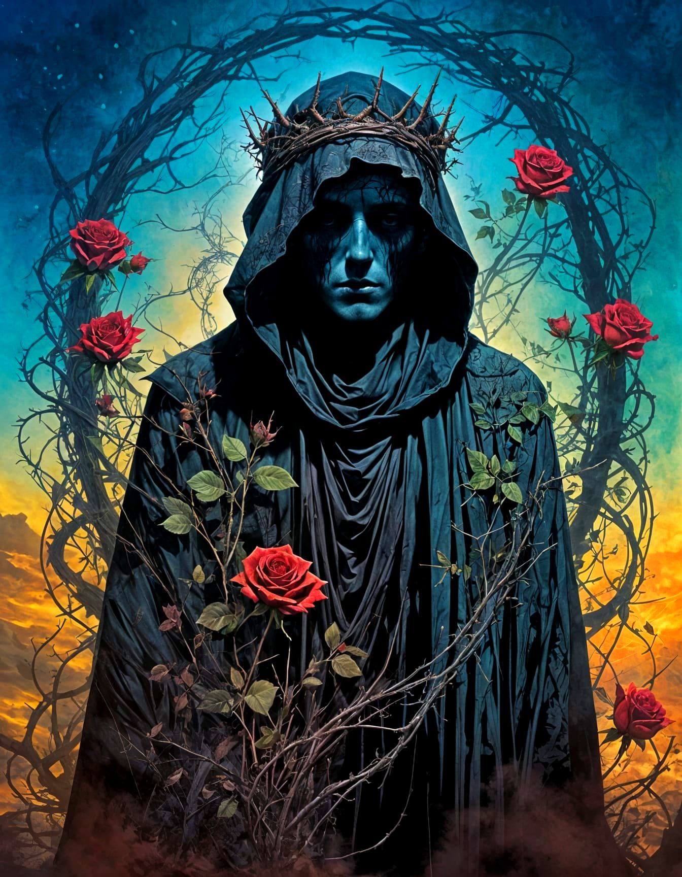 Grim Reaper in Vines: Minimalist Gothic Art