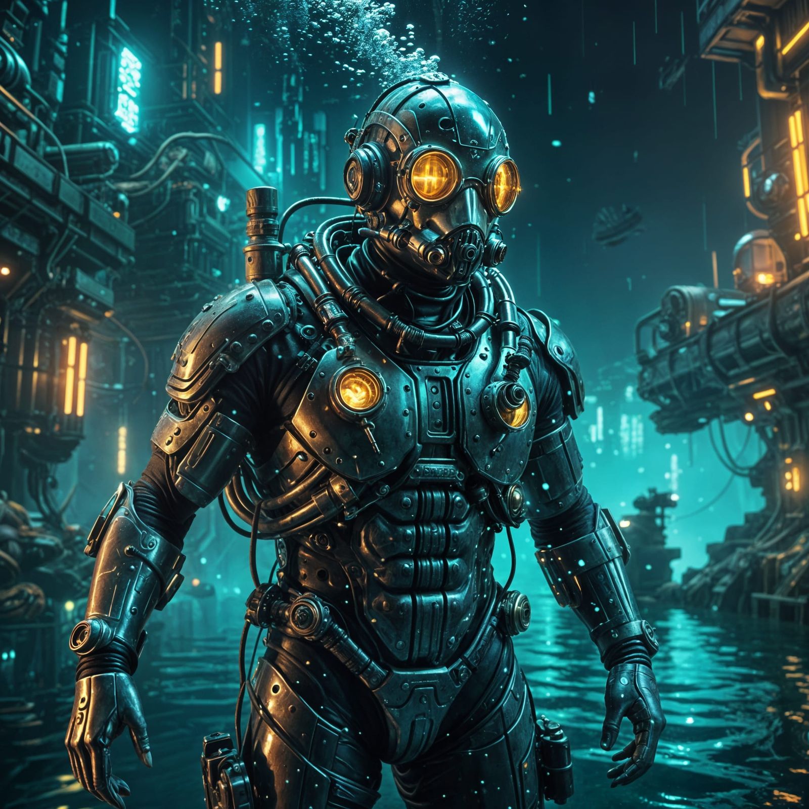 Cyberpunk Diver Exploring Underwater Steampunk City
