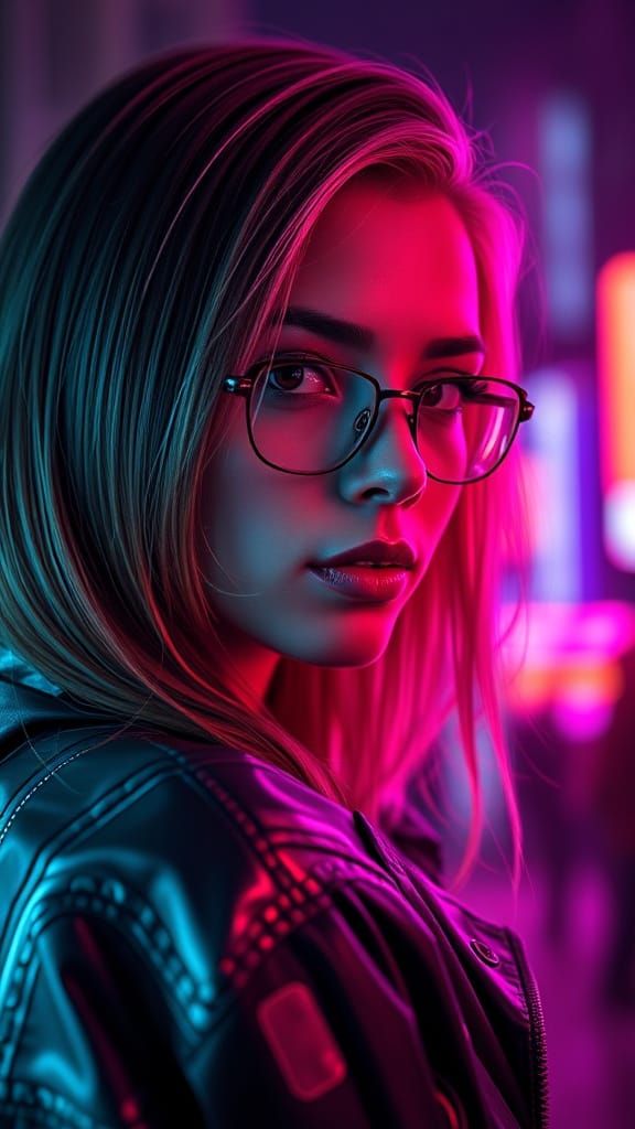 Retrato feminino realista, luz neon.