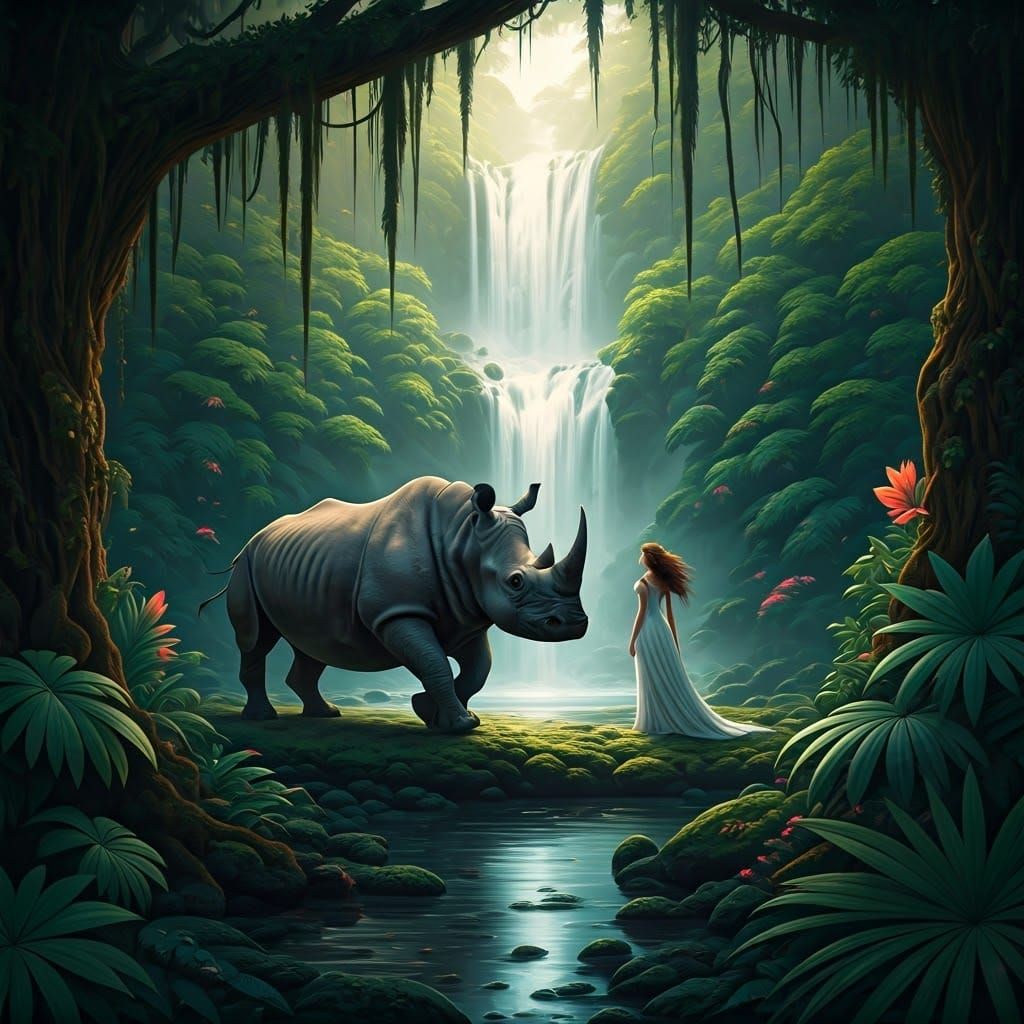 Mystical Jungle Goddess Watches as Rhinoceros Charges into W...