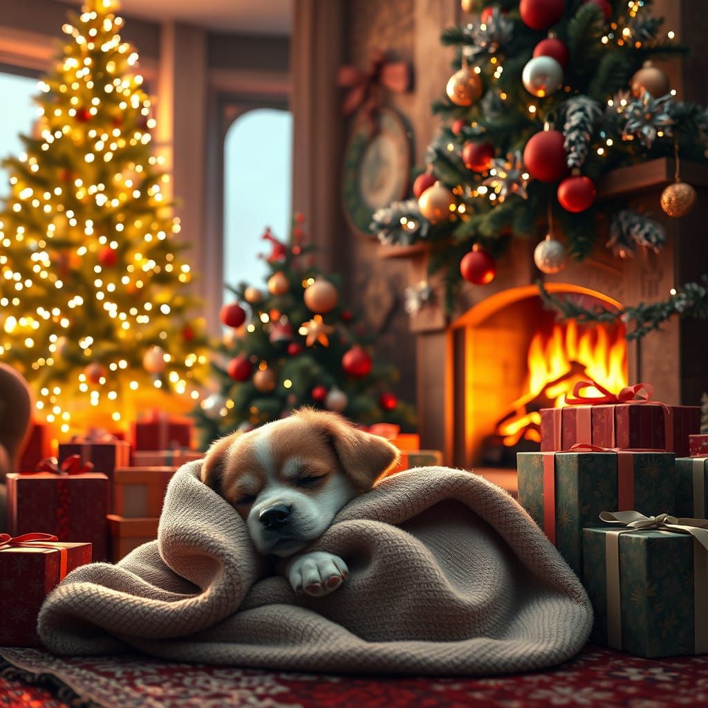 Peaceful Christmas Scene with Sleeping Baby Dog and Majestic...
