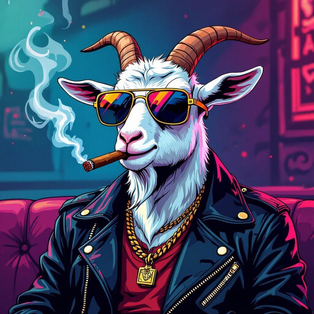 Cartoon Goat Smoking Cigar in 80s Style