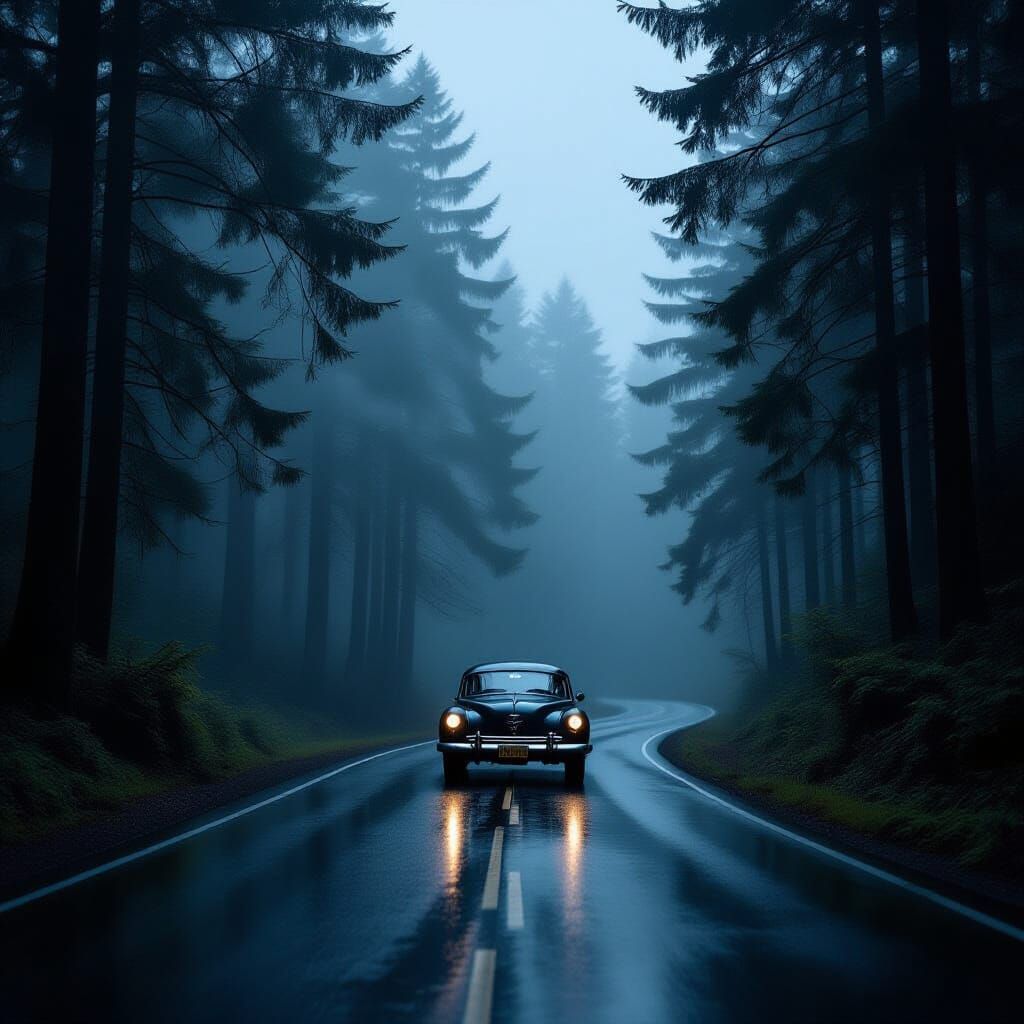 Mysterious Foggy Road Through Dark Forest
