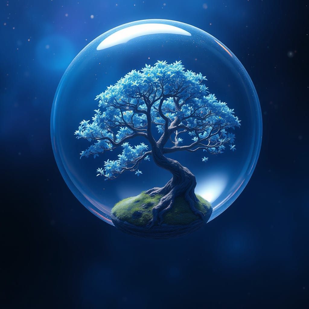 Surreal Blue Bonsai in Iridescent Cosmic Bubble