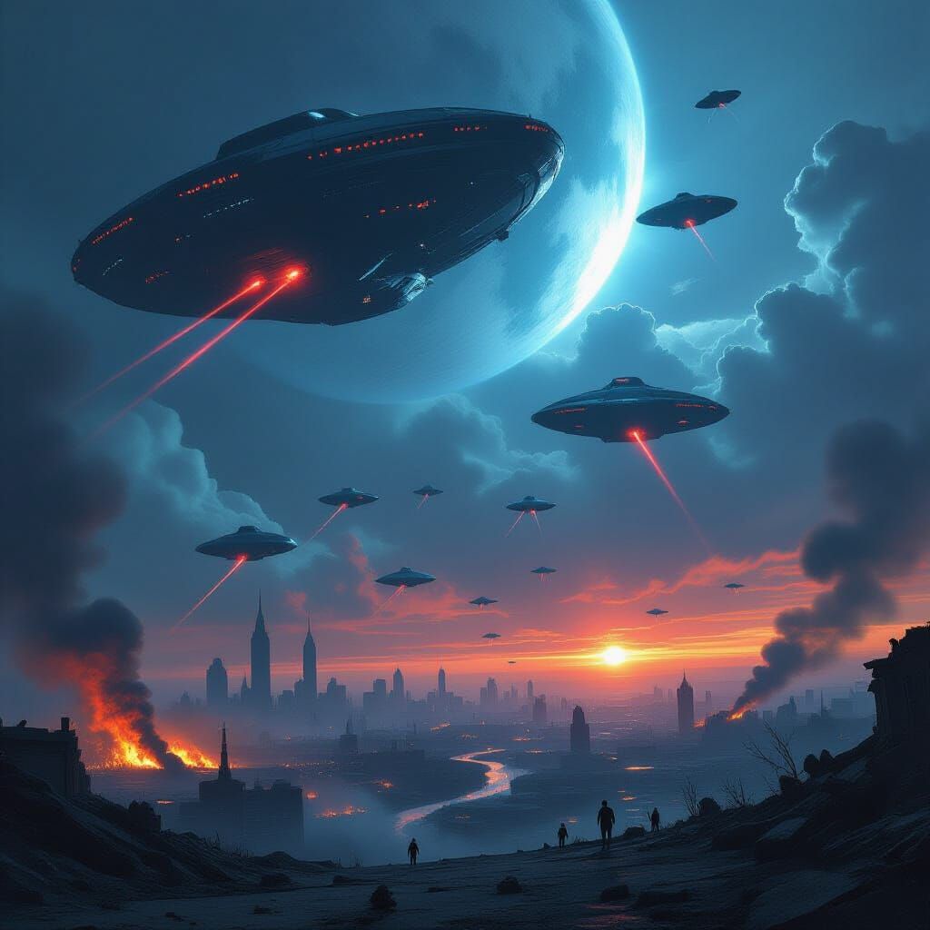 Alien Invasion Over Ruined Earth Cinematic Sci-Fi Scene