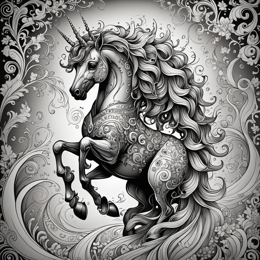 Belle on Unicorn Coloring Page with Zentangle Elements