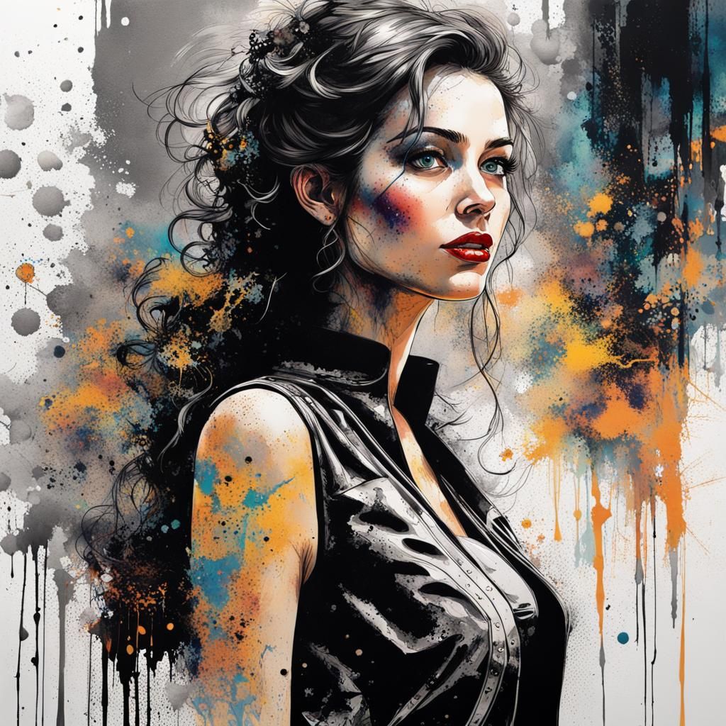 Ink Splatter Portrait in Cyberpunk Cityscape