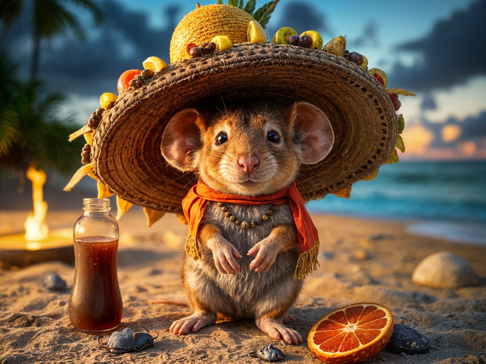 Mouse in Sombrero on Tropical Beach at Night