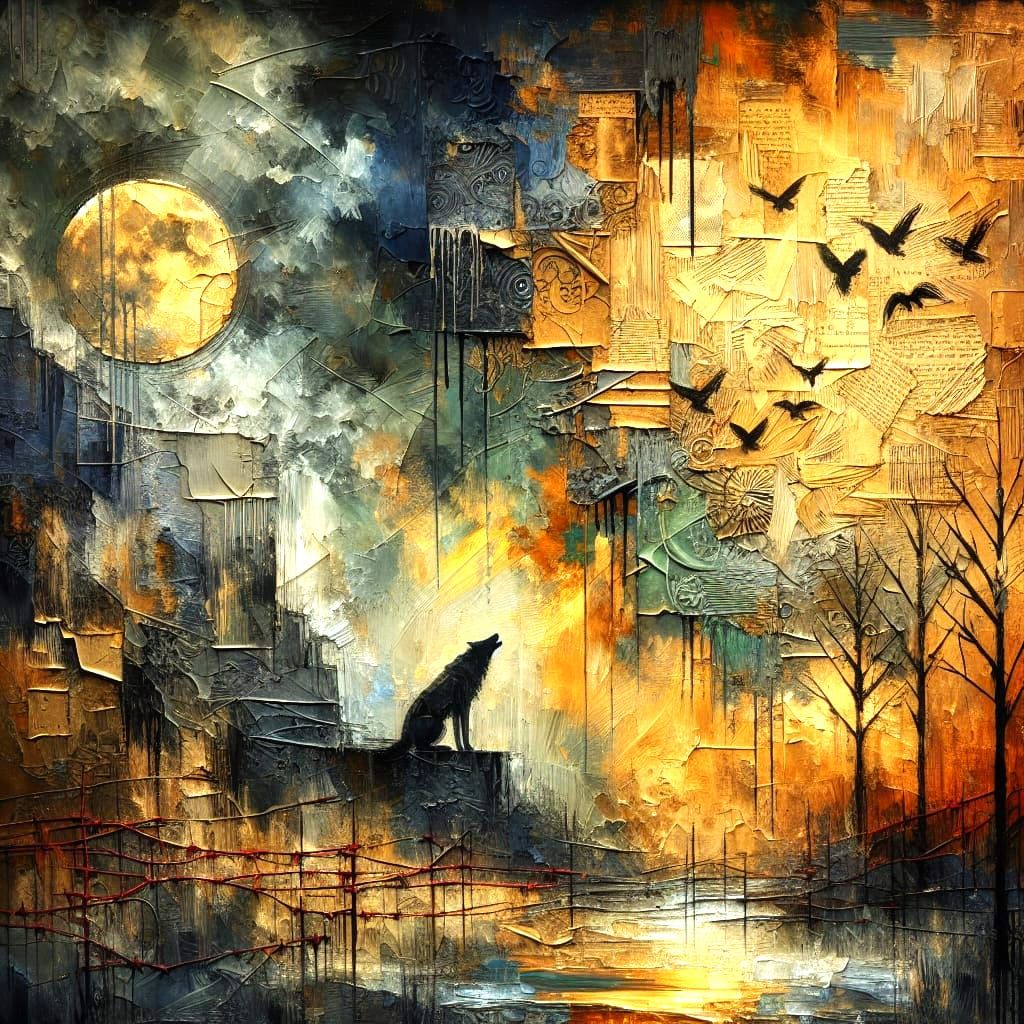 Melancholy Wolf Howling in Mixed-Media Oil Painting
