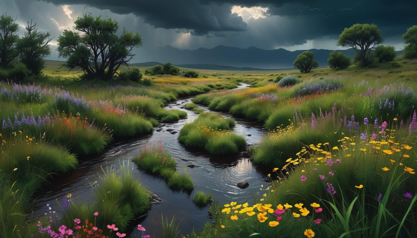 Wildflower Stream Under Prairie Storm, Fantasy Landscape