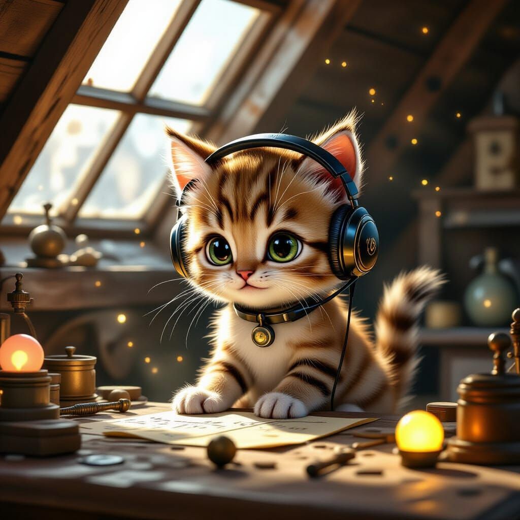 Anthropomorphic Kitten Programmer in Vintage Attic