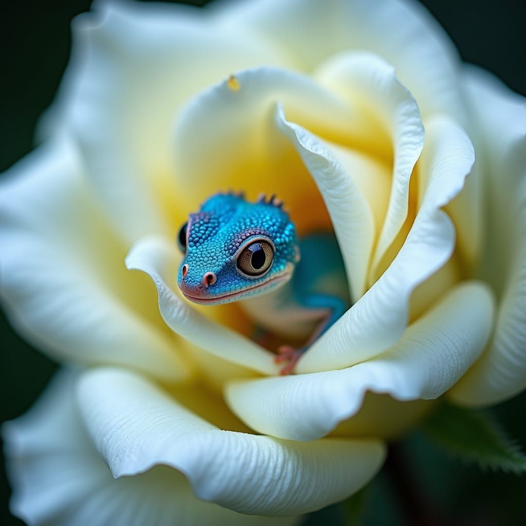 Iridescent Dragon Hatchling in Rose, Macro Photography