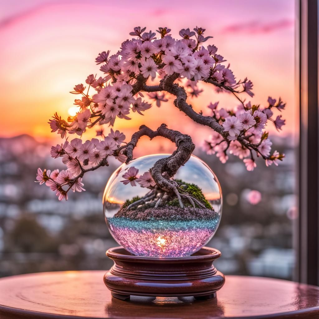 Cherry Blossom Bonsai in Glass Orb: Photorealistic Sunset