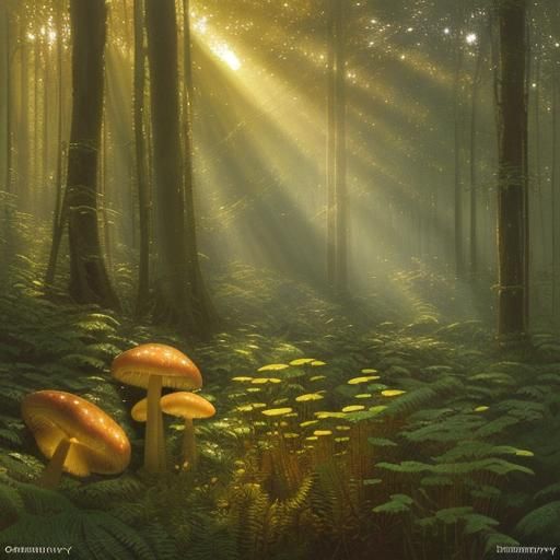 Sunrise in Mossy Forest, Oil Painting