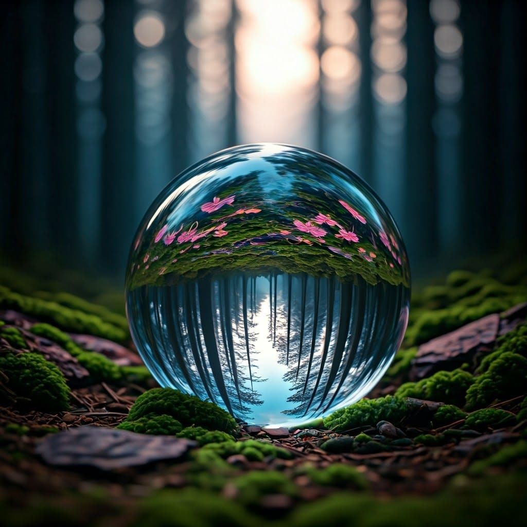 Glass Orb Forest Sculpture at Blue Hour